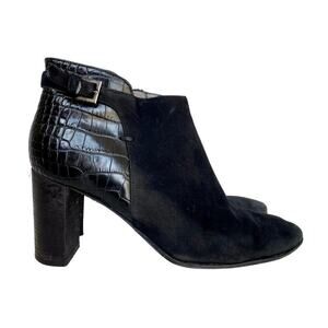 AQUATALIA Vela Boots Ankle Booties Suede Croc Black Buckle Silver Block Heel 9